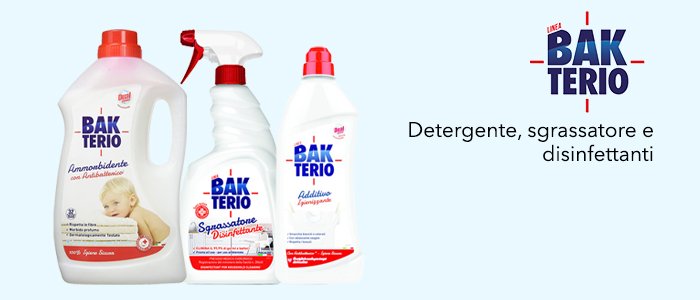 Bakterio: detergente, sgrassatore e disinfettanti